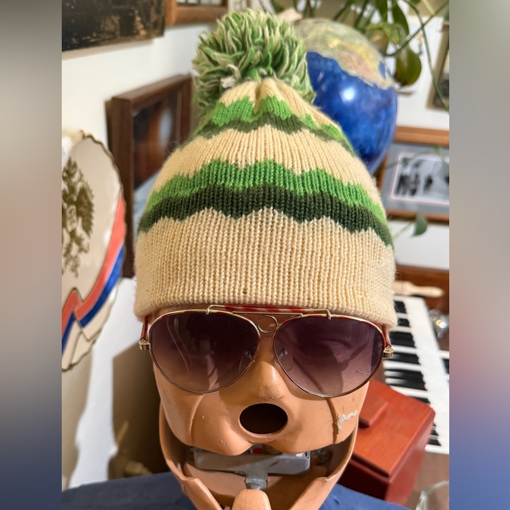 Vintage Cream and Green Knit Beanie